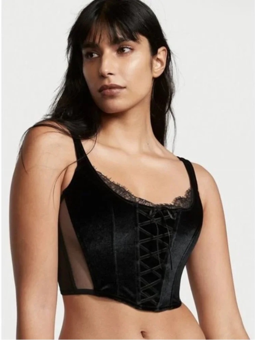 Victoria's Secret M Unlined Lace-Up Corset Top Dream Angels Black Satin